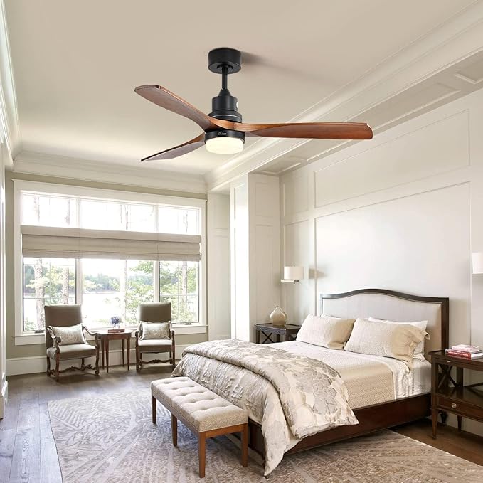 Sofucor 52 Inch Ceiling Fans with Lights and Remote Control, Modern Solid Wood Outdoor Ceiling Fan with Light for Bedroom Living Room Indoor Farmhouse Patio, Quiet DC Motor
