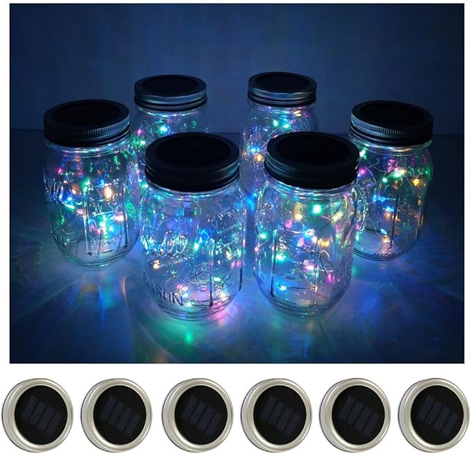 Decorman Solar Mason Jar Lid Lights, 6 Pack 10 LED Waterproof String Fairy Star Firefly Jar Lids Lights for Patio Garden Yard Lawn Party Wedding Christmas Decoration(Jars & Hangers Not Included)