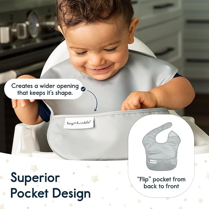 Tiny Twinkle Mess Proof Baby Bibs for Eating - Waterproof, Wipeable Bibs - Toddler Bibs - Travel Friendly - PFAS, PVC, BPA, Phthalate Free - Baby Food Bibs(5 Pack, Unisex Solids)