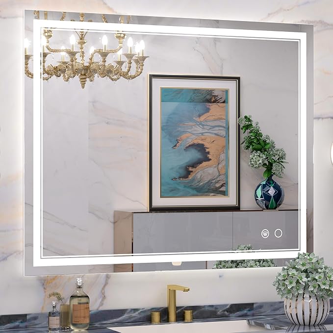 Keonjinn Large Bathroom Mirror with Light, 42 x 36 Inch LED Mirror for Bathoom, Frontlit Only, HD Tempered Glass, UL-Listed LED Driver, Anti-Fog, Dimmale 6000K, Easy Installation(Horizontal/Vertical)