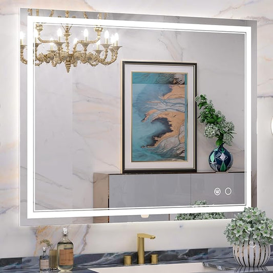 Keonjinn Large Bathroom Mirror with Light, 42 x 36 Inch LED Mirror for Bathoom, Frontlit Only, HD Tempered Glass, UL-Listed LED Driver, Anti-Fog, Dimmale 6000K, Easy Installation(Horizontal/Vertical)