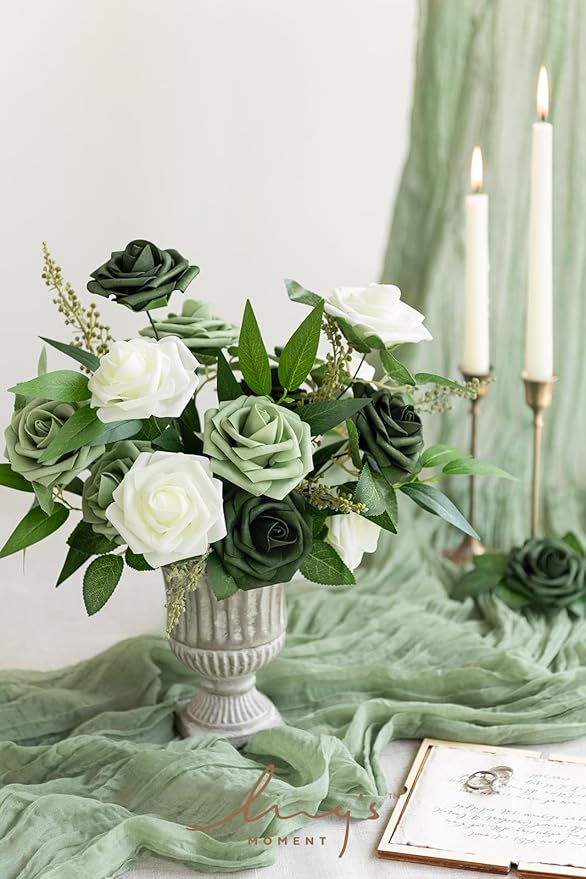 Ling's moment Artificial Flowers 25Pcs Emerald Green Mix Roses Decor w/Stems,3" Real Touch DIY Foam Floral for Wedding Bouquet/Centerpieces, Outdoors Party Backdrop, Room/Table, and Garden/Pot Decor