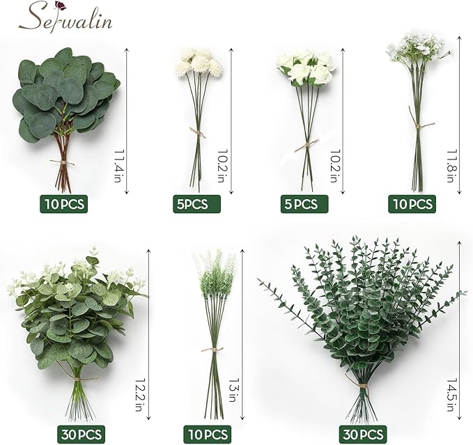 Serwalin 100 Pcs 7 Kinds Mixed Artificial Eucalyptus Leaves Stems Bulk with Flowers Faux Silver Dollar Eucalyptus Stmes Greenery Branches for Wedding Floral Arrangement Centerpieces Home Decor