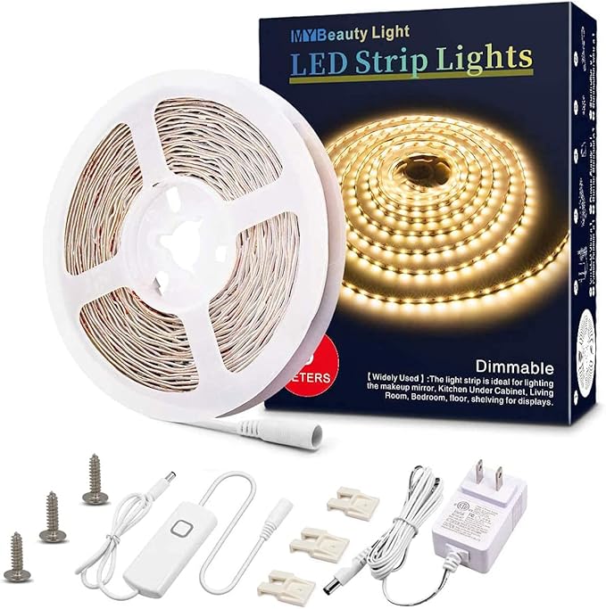 MY BEAUTY LIGHT LED Strip Lights Warm White, 16.4ft Dimmable LED Light Strip,12v Flexible LED Rope Lights Kits for Kitchen Cabinet Bedroom Party Decor