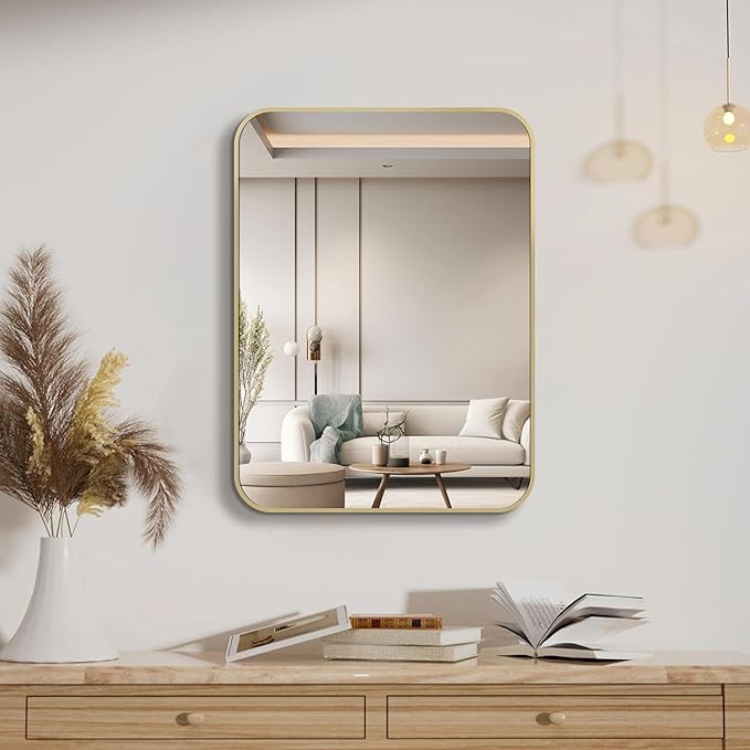 16"x20" Brushed Gold Mirror for Wall, Matte Gold Rounded Rectangle Mirror with Metal Frame Hanging for Bathroom Entryway Vanity,Living Room,Bedroom,Vertical or Horizontal