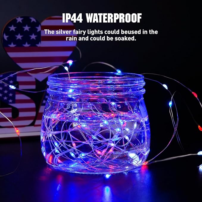 JMEXSUSS 4 Pack 50LED Red White Blue Fairy Lights Battery Operated for 4th of July, Patriotic Lights for Independence Day Decorations
