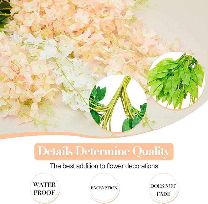 Giegxin 36 Pcs Artificial Wisteria Hanging Flowers 3.6 ft Artificial Fake Wisteria Vine Rattan Hanging Garland Silk Flowers String for Wall Home Wedding Party Greenery Decorations (Champagne,White)