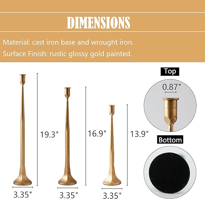 Denique Iron Taper Candle Holder Set of 3, Black Candlestick Holders 19.3”17” 14” Heightening Decorative Candle Stand Set for Wedding, Dining Table, Home Decoration (Gold)