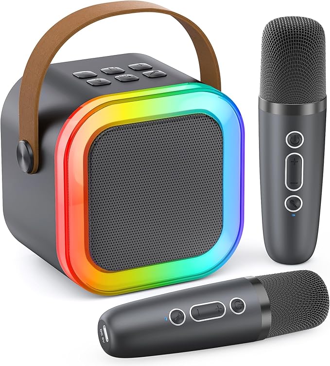 Mini Karaoke Machine for Kids Adults, Portable Karaoke Microphone Singing Speaker Bluetooth Karaoke Player with 2 Wireless Mic, Birthday Gifts for Girls Boys 4-12 Year Old, Family Home Party(Grey)
