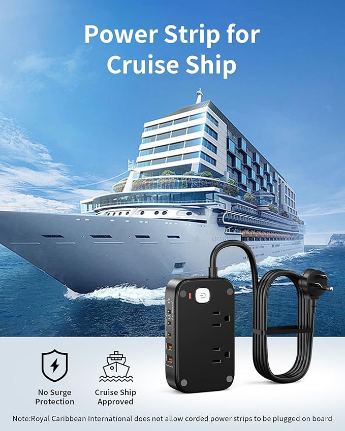 Portable Travel Power Strip 7-in-1 with PD20W Fast Charging 5 USB Ports 2500W AC Outlets 5FT Flat Plug Extension Cord for Home Office Travel