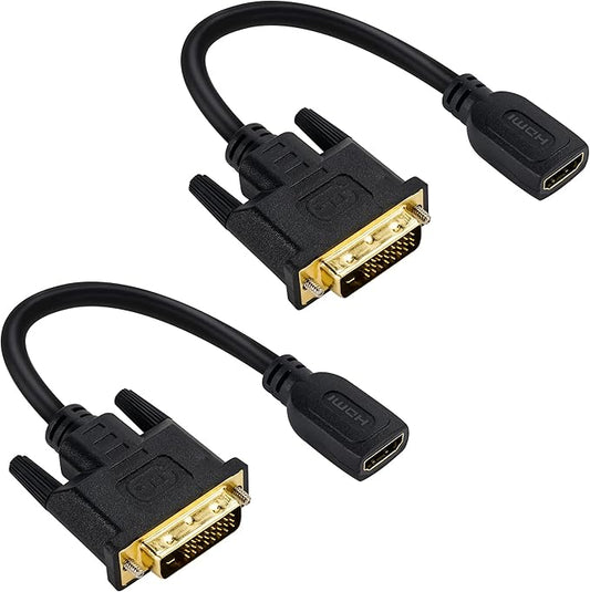 HDMI Female to DVI Male Adapter (2 Pack)，Bi-Directional DVI Male to HDMI Female Connector, Support 1080P Full HD Compatible for Roku, Xbox One, PS5，PS4, Blue-ray DVD, A/V Receivers-0.6ft