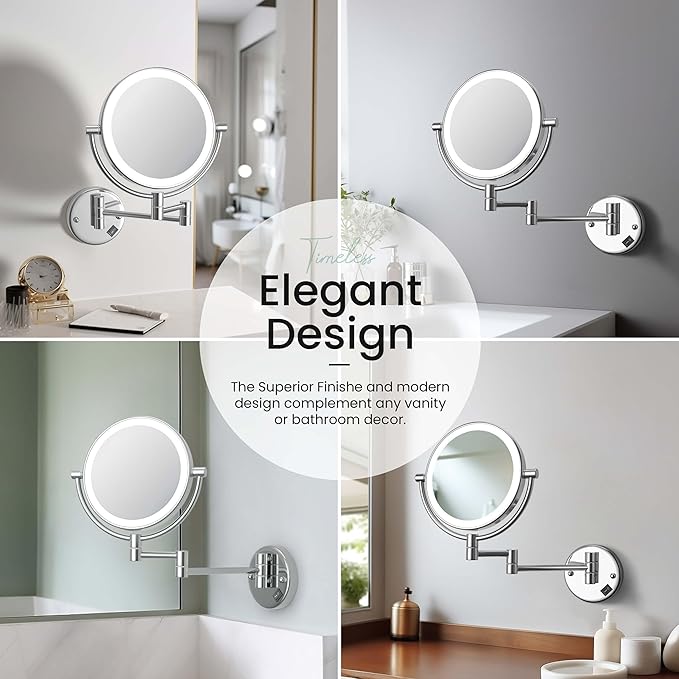 KIBI Circular Wall Mount Makeup Mirror with LED Lights, Dual-Sided 1x/5x Magnifying Mirror with Adjustable Arm, 360° Swivel, Solid Brass Construction for Durability and Style (Chrome, KMM101)