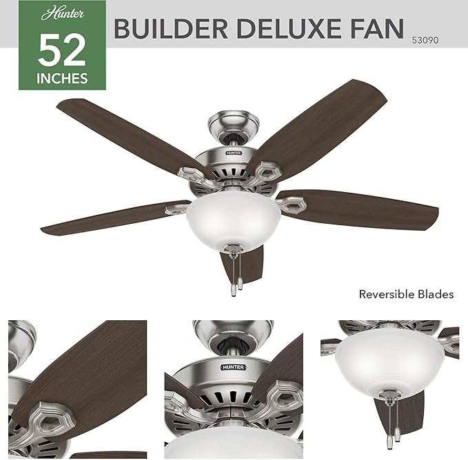 Hunter 52 inch Indoor Ceiling Fan with LED Light - Ceiling Fan with Pull Chain, For Bedroom or Living Room, Standard Mount, No Remote, 5 Blades, Includes Bulbs - Builder Deluxe 53090, Brushed Nickel