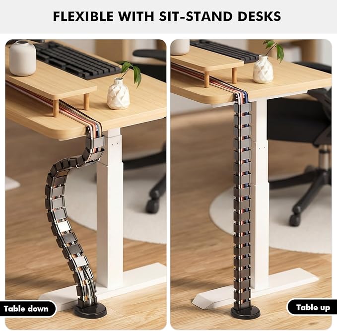 Yaomiao 4 Pack Under Desk Vertebrae Cable Management Kit Standing Desk 48'' Adjustable Quad Entry Flexible Cord Organizer with Ties, Stick-on Clips Cable Management Set for Home User Office Worker