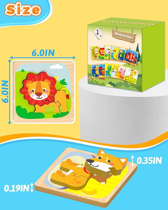 Benresive Wooden Toddler Puzzles, 12pcs Animal Montessori Toys for 1-3 Year Old Boys & Girls, Learning Educational Preschool Toys, Great Gifts for 1 2 3 Year Olds