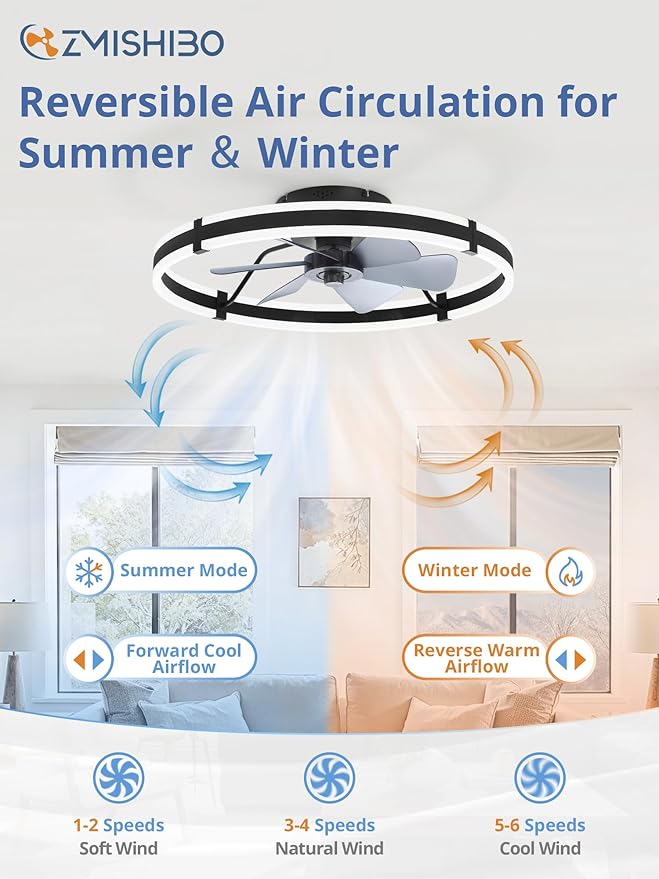 ZMISHIBO 24 Inch Ceiling Fans with Lights and Remote, Modern Low Profile Ceiling Fan, 3000-6000K Dimmable Flush Mount LED Fan Light, 6 Wind Speeds, Fandelier Ceiling Fans for Bedroom- Black