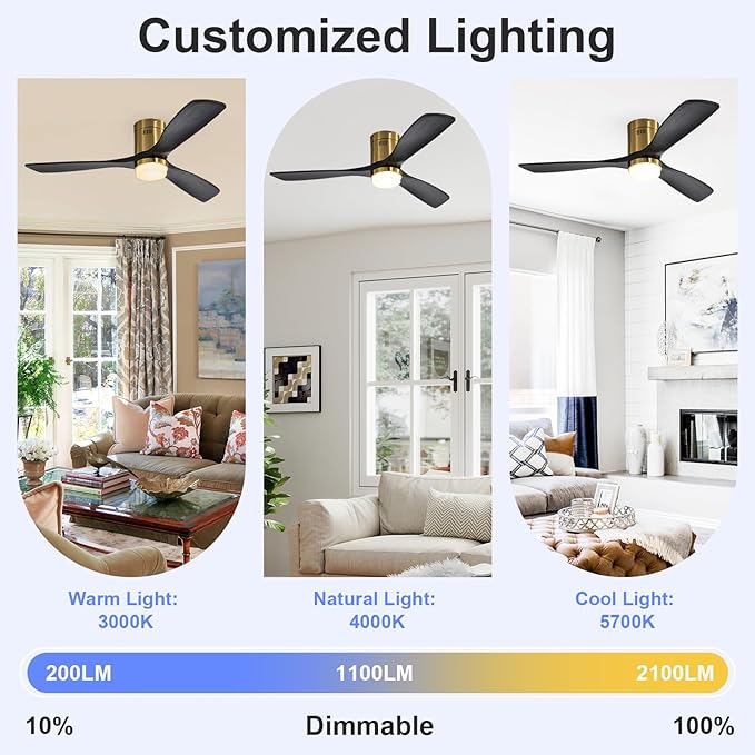 Sofucor 52 Inch Ceiling Fans with Lights, Flush Mount Black Indoor/Outdoor Ceiling Fan with Light Remote Control, Reversible DC Motor, 3 Blade Solid Wood Ceiling Fan Light for Bedroom Patio Farmhouse