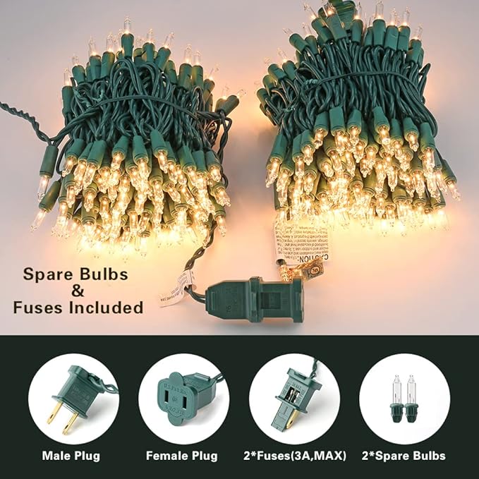 ODEETRONIC Christmas Lights, 21.63ft 100 Count Incandescent Clear Christmas Lights, UL Certified Outdoor Mini Clear Light Connectable, Green Wire Tree Light Indoor for Home Party Decor, Warm White