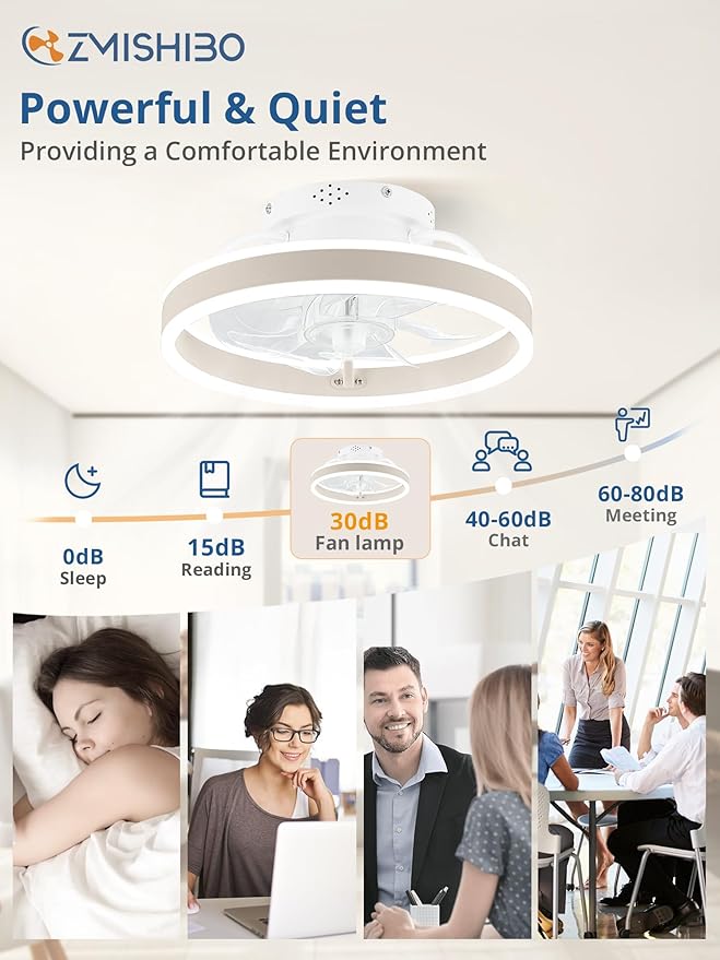 ZMISHIBO Low Profile Ceiling Fans with Lights and Remote, 13 Inch Fandelier Ceiling Fan with Light, White Modern Flush Mount Ceiling Fan, Small Dimmable LED Fan Lights for Bedroom