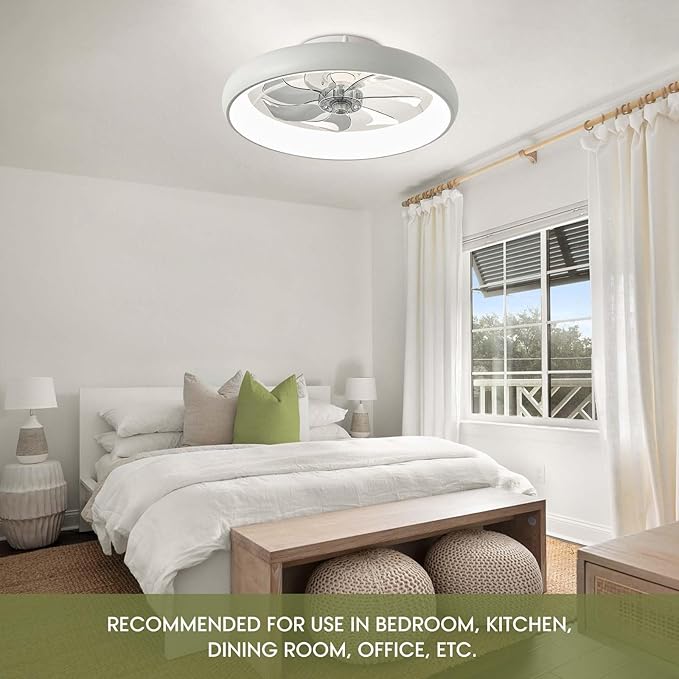 20" Modern White Flush Mount Ceiling Fan with Lights, 6 Wind Speeds, LED, Voice Control, Bedroom, Living Room, Kitchen