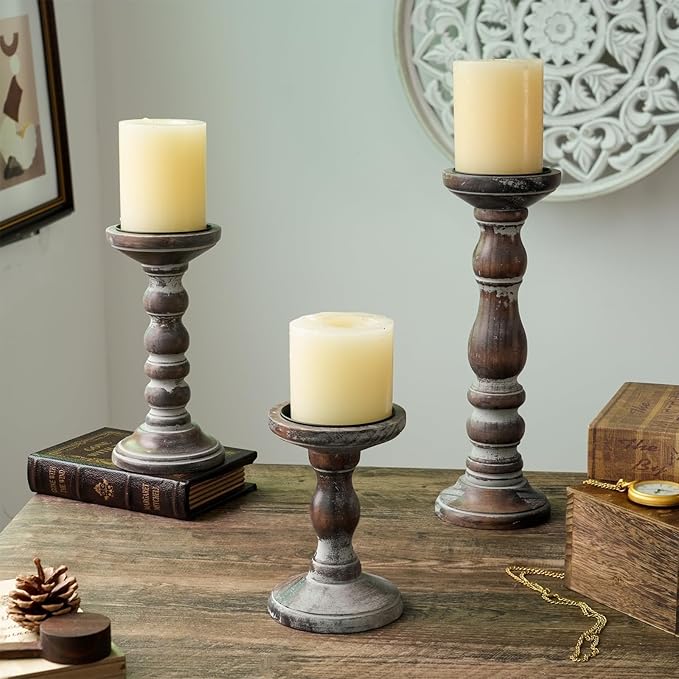 Wood Pillar Candle Holder: 3Pcs Rustic Candle Holders for Pillar Candles Wood Candle Holders Distressed Wooden Farmhouse Large Candle Holder for Fireplace Table (Brown, 6", 8", 12")