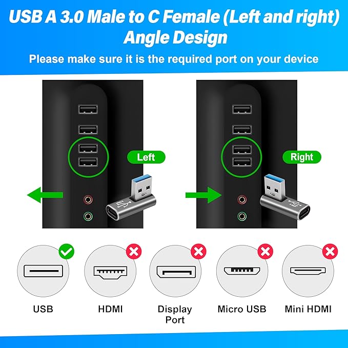 90 Degree USB to USB C Adapter 4 Pack,Middle Left and Right Angle USB C Female to A Male Charger Connector Converter USB L Shape Extender, Support Charge & Data Sync for PC, Laptop, Mouse, Keyboard