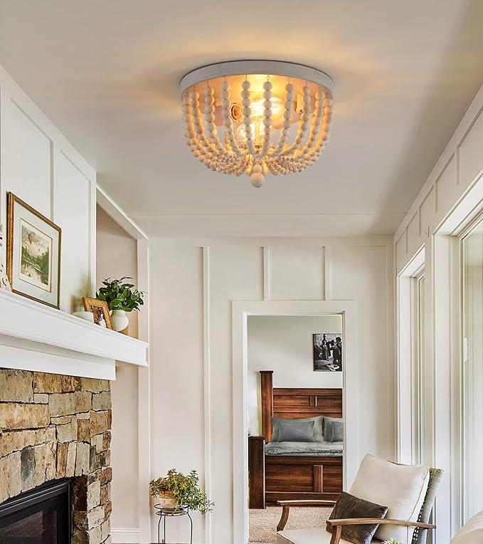 Q&S Boho Chandelier Wood Beaded Flush Mount Ceiling Light Fixtures for Nursery Baby Bedroom Kitchen Hallway,Oak White Finish,2-Lights