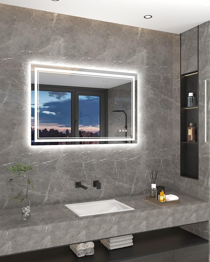 48x32 Inch LED Lighted Bathroom Mirror, Light Up Bathroom Vanity Mirror Unbreakable with 2 Front Lights & Back Lit, 3 Colors Stepless Dimmable, Anti-Fog, Memory Function, Closable Blue Buttons