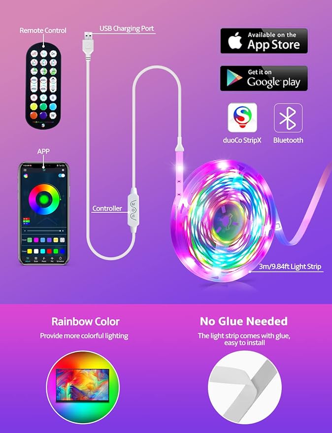 MATICOD LED Lights for TV Led Backlight, 9.84ft RGB Led Strip Lights for TV Lights Behind, USB Led Light Strip for 32-43in TV, Bluetooth APP Control Music Sync Strip Lighting for Christmas Decorations