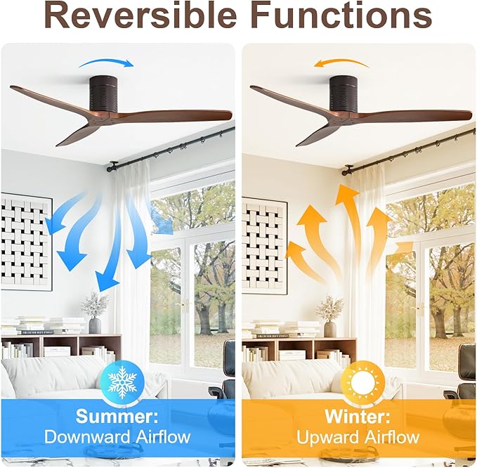 Sofucor 52 Inch Ceiling Fan No Light, Solid Wood Indoor/Outdoor Ceiling Fans Without Lights, Reversible DC Motor, 6 Speed, Flush Mount Ceiling Fans for Bedroom Living Room Farmhouse Patio