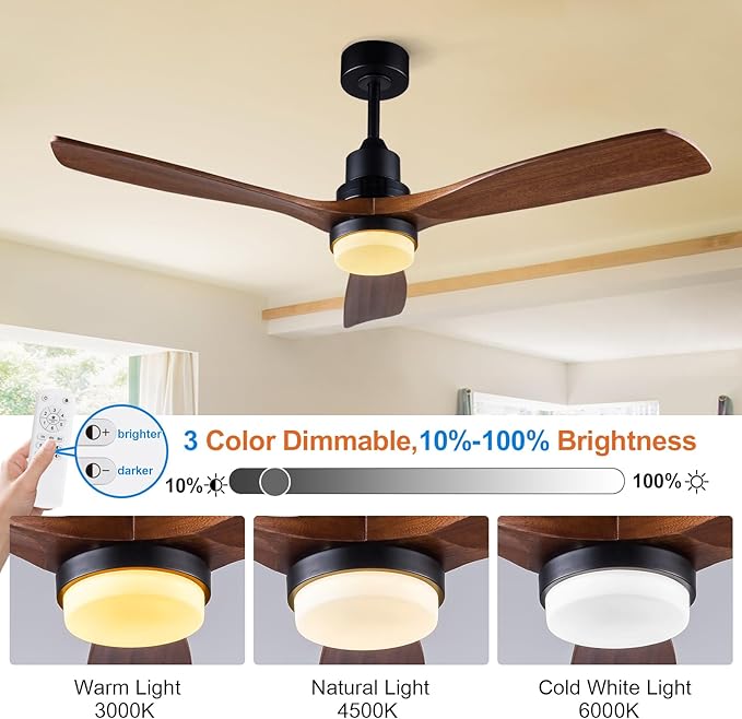 BOJUE 52 Inch Ceiling Fans with Lights and Remote Control, Outdoor Ceiling Fans for Patios; Black Ceiling Fan with Light for Bedroom Living Room, Solid Wood, 3CCT Dimmable, Memory Function