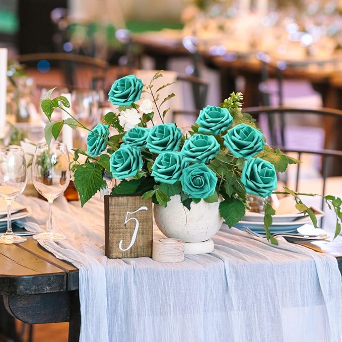 JOYLEX Artificial Flowers Realistic Roses, 50pcs Real Looking Fake Roses with Stem for DIY Wedding Bouquets Centerpieces Bridal Shower Party Home Romantic Decorations (50pcs, Dark Turquoise)