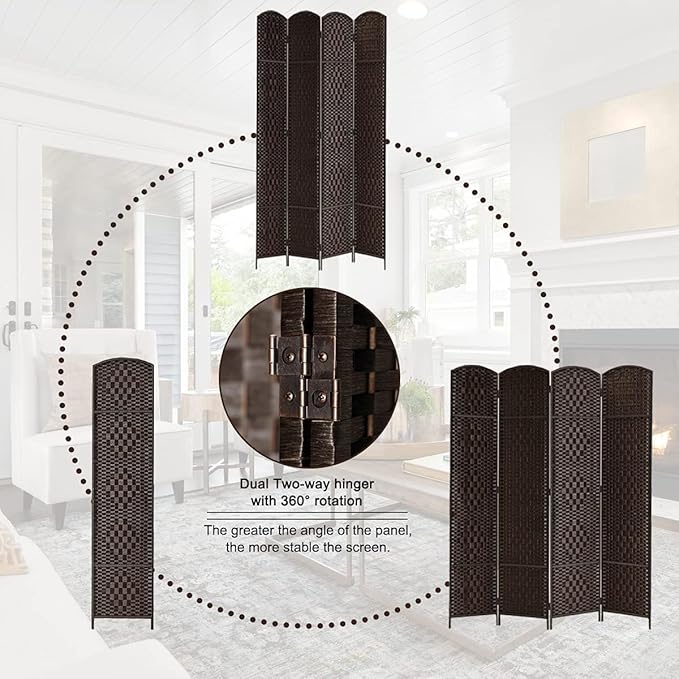 Rose Home Fashion Room Divider, 6 ft Tall Room Dividers and Folding Privacy Screens, 16in Privacy Screen 6 Panel Dark Coffee Space Temporary Wall Foldable Partition Separation