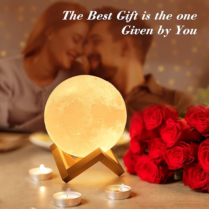 Mydethun Moon Lamp - 3D Printed LED Night Light 4.7' with Wooden Base, White Elephant Gift for Women, Mom, Kids, Christmas Thanksgiving Table Decor Touch-Dimmable & Dual-Color, White & Yellow