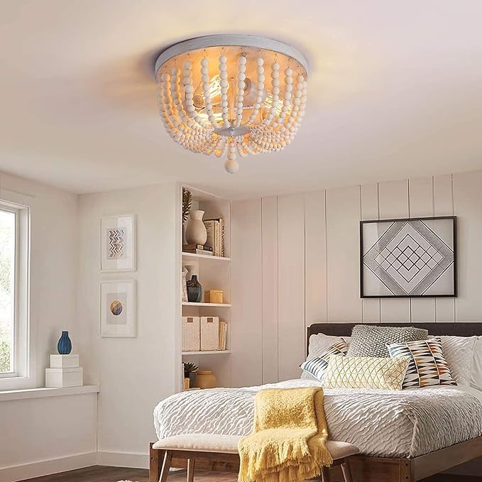 Q&S Wood Beaded Chandelier,Boho Farmhouse Light Fixture,Oak White,3 Lights,Semi Flush Mount Ceiling Light Fixtures for Hallway Baby's Nursery Bedroom Kitchen Living Room