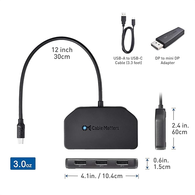Cable Matters 101075, Triple Monitor Mini DisplayPort/DisplayPort Hub, (3X 4K Display Port Splitter) 3-Port DP 1.4 Enabled for 8K and 4K 120Hz HDR for Windows Only, NOT Compatible with macOS