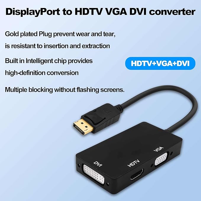 DisplayPort to HDTV VGA DVI Adapter DP to VGA DVI HDTV 3 in 1 Adapter Converter Male to Female Cable for PC Laptop TV Projector