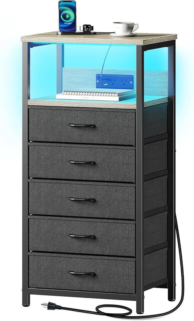 Seventable Night Stand with Charging Station, Tall Nightstand with 5 Fabric Storage Drawers, Side Table with LED Light for Bedroom, Entryway, Greige, Set of 2