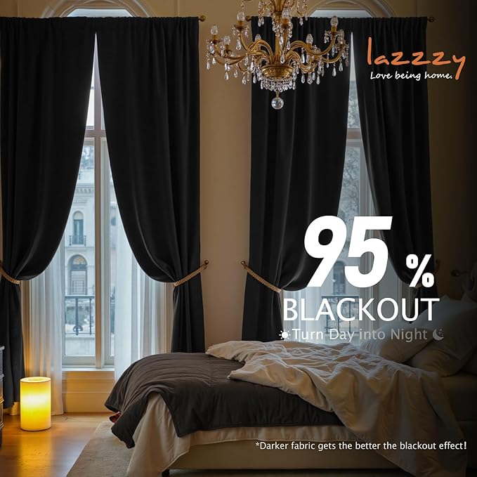 Lazzzy Velvet Blackout Curtains Thermal Insulated Room Window Drapes Super Soft Luxury Curtains for Living Room Bedroom Rod Pocket 2 Panels, Black, 52" W x 120" L