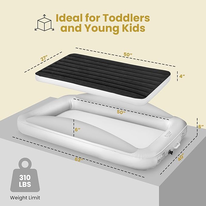 ELTOW Toddler Blow-Up Mattress with Sides, Inflatable Toddler Travel Bed with Safety Bumpers, Portable Kids Air Mattress for Travel, Complete Set with High-Speed Pump & Carry Bag - Black