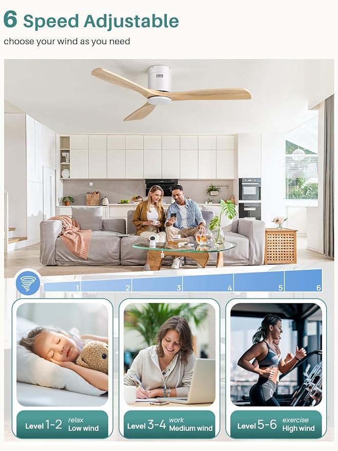 Sofucor 52 Inch Smart Ceiling Fan Without Light Flush Mount Solid Wood Ceiling Fan with Alexa/Google/APP/Remote Control-Modern Outdoor Ceiling Fans No Light for Bedroom/Patio/Indoor,Natural Wood&White
