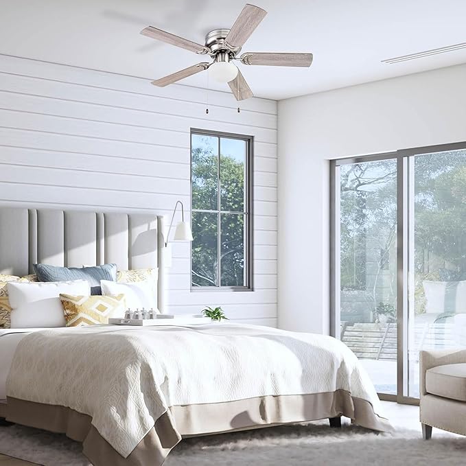Prominence Home Alvina Traditional 44 Inch Ceiling Fan with Light, LED Flush Mount Ceiling Fan, Indoor Fan with 5 Blades, Gray Oak and Brown Walnut Blade Finish Options, Satin Nickel (51585-01)
