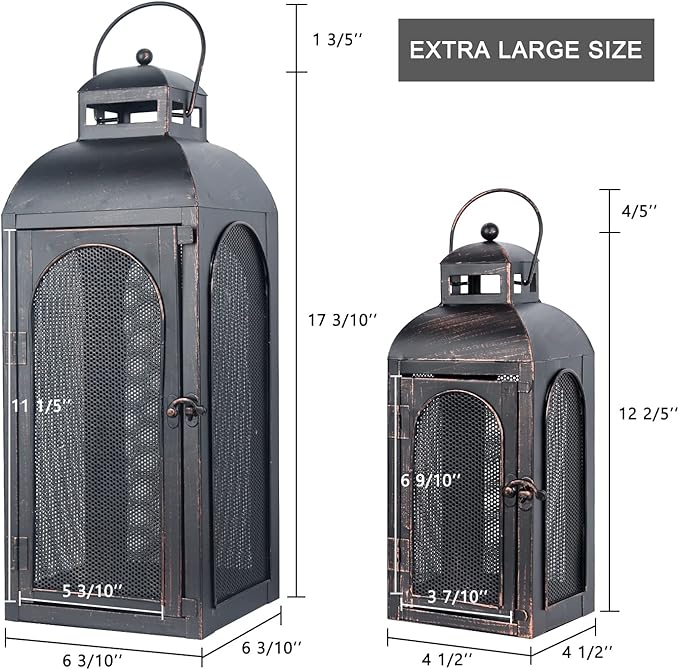 DECORKEY Luxury Lantern Decorative Outdoor & Indoor, Set of 2 (19’’&13’’) Metal Candle Lanterns Decor, Vintage Hanging Candle Holder for Front Porch Patio Wedding Farmhouse Home, Christmas Decorations