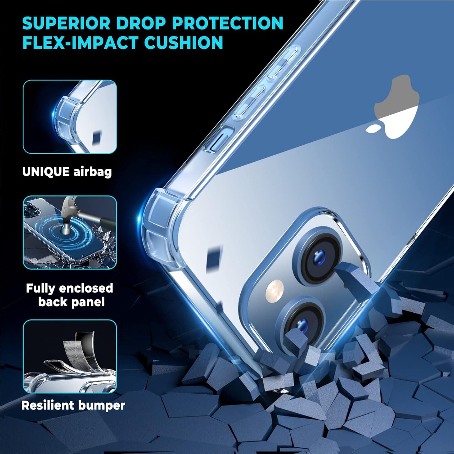 ORIbox Clear Case for iPhone 14/13, Shockproof Protection with 4 Corners, Clear Case for Women Men Girls Boys Kids