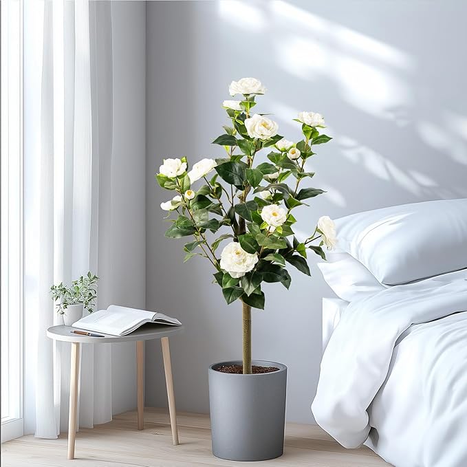 Artificial Camellia Tree 2 Pack, Artificial Plants Outdoor Faux Floral Plant in Cement Pot Fake Silk Camellia Tree Plants for Home House Living Room Office Decor