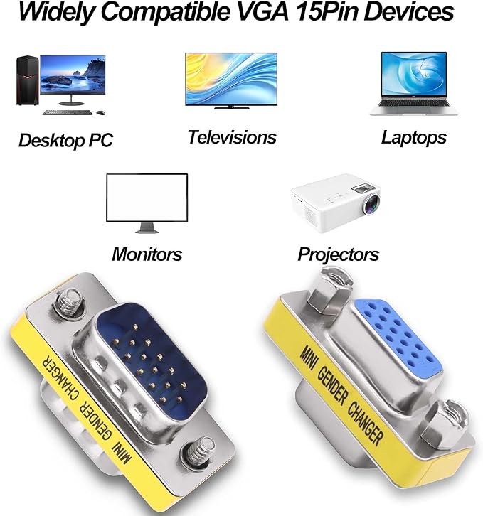DB15 VGA Gender Changer Solderless Connector Male to Female Adapter D-SUB HD 15 Pin Serial Cable Coupler for PC Monitors Projectors-4pcs