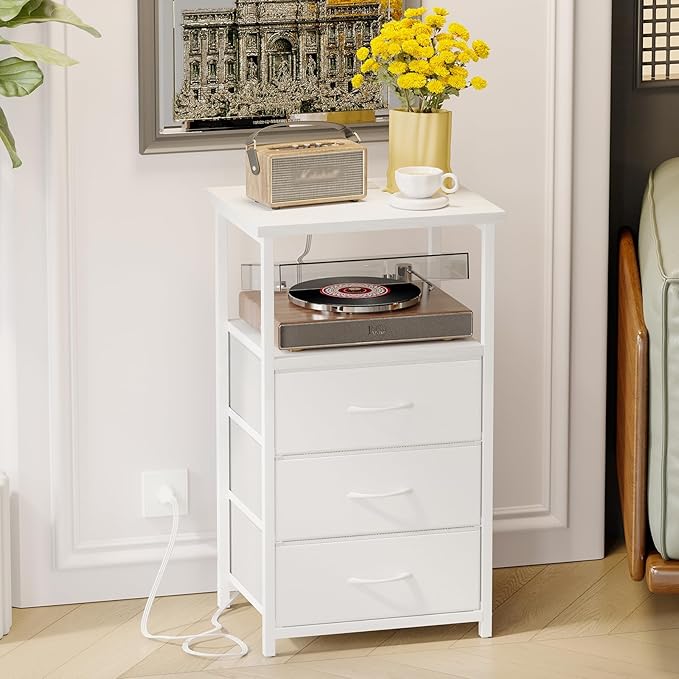 Fixwal White Night Stand, Nightstand with Charging Station, End Table, Bedside Table with Fabric Drawers for Bedroom