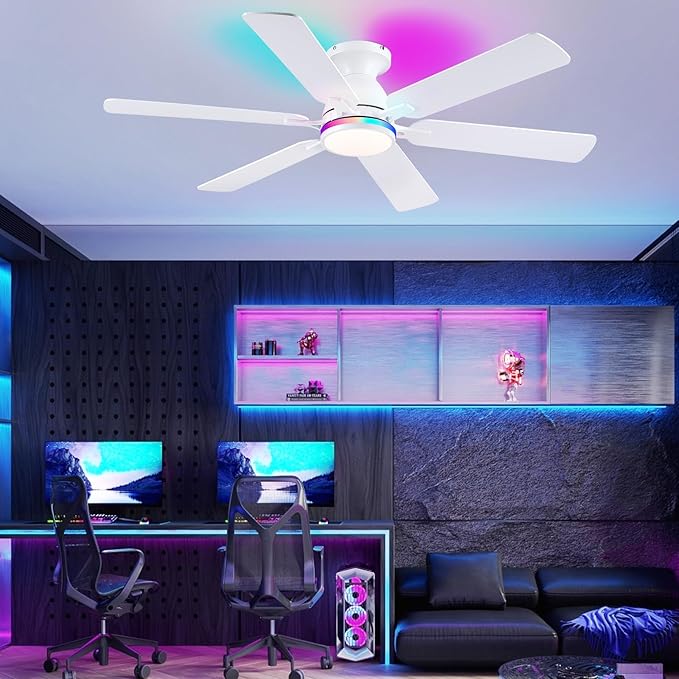 Ceiling Fans with Lights- 52" RGB Low Profile Indoor Ceiling Fan with Light and Remote/APP Control, Flush Mount, 6 Blade, LED Dimmable DC Reversible Modern Ceiling Fan for Bedroom（White）