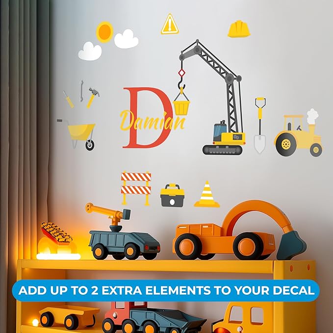 CRYPTONITE Custom Toddler Construction Crane Wall Decal I Personalized Name & Initial I Nursery Decor I Polyvinyl Chloride Sticker - Made in USA (Medium, Multicolor Options)