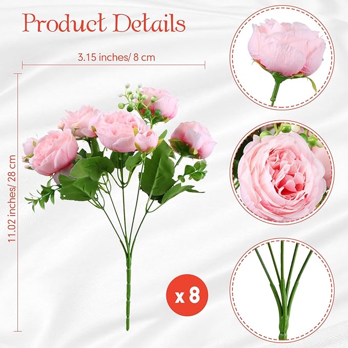 Geosar 8 Bundles Artificial Peonies Flowers Fake Silk Peony Bouquet Faux Peonies Flowers Bulk for Decoration Vase Floral Arrangements Wedding Party Table (Pink)